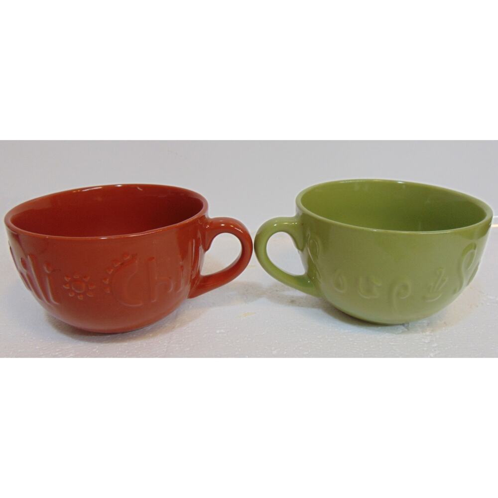 Soup Bowls With Handles KIC Stoneware Chili Green Brown 5" Embossed Letters VTG - Picture 4 of 11